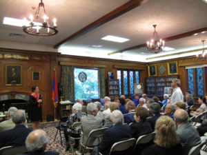 Armenian Genocide activist David Boyajian asks Yovanovitch a question during a meeting at the Armenian Cultural Foundation.