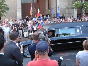 A motorcade carrying Sen. Edward Kennedy's casket passed Boston City Hall on its way to the John F. Kennedy Memorial Library August 26. Thomas C. Nash/Mirror-Spectator Photo
