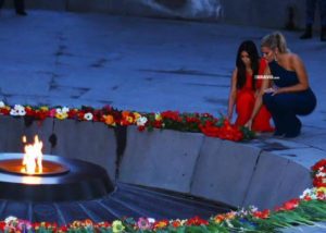 Kim Kardashian and her sister, Khloe, at the Armenian Genocide memorial in Yerevan